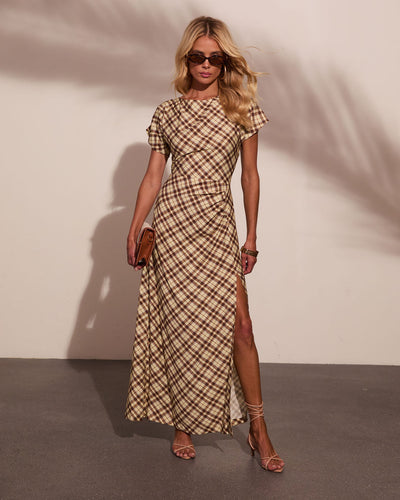 Collected Calm Ruched Plaid Maxi Dress in Cream Plaid