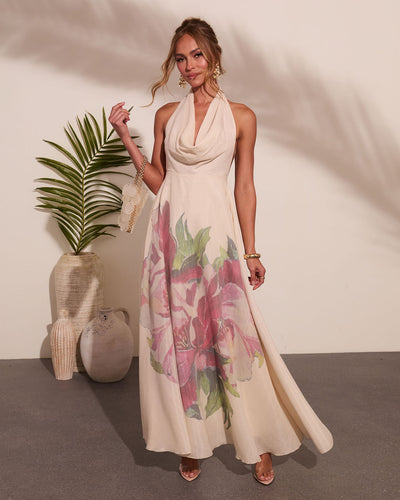 radiant energy cowl back mini dress Raynah Floral Print Cowl Neck Maxi Dress in Cream