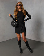 Black % Shaya Long Sleeve Wrap Mini Dress-5