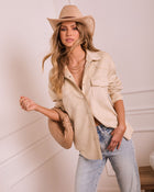 Ecru % Airelle Faux Suede Button Down Top-1