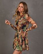 Autumn Whimsy Floral Mesh Mock Neck Mini Dress