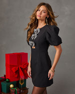 Holiday Secret Bow Cut Out Puff Sleeve Mini Dress