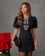 Holiday Secret Bow Cut Out Puff Sleeve Mini Dress