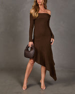 Abby Knit Lace Off the Shoulder High Low Midi Dress