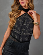 Hidden Charm Embellished Halter Neck Fringe Top