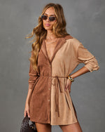 Calise Faux Suede Color Block Waist Tie Romper