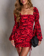 Red/Black % Precious Poppies Ruched Bell Sleeve Mini Dress-5