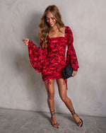 Red/Black % Precious Poppies Ruched Bell Sleeve Mini Dress-6