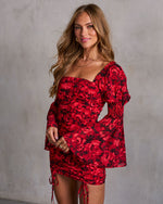 Red/Black % Precious Poppies Ruched Bell Sleeve Mini Dress-3
