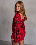 Red/Black % Precious Poppies Ruched Bell Sleeve Mini Dress-4