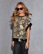 Kelcey Abstract Sheer Panel Satin Trim Top