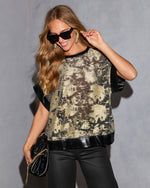 Kelcey Abstract Sheer Panel Satin Trim Top