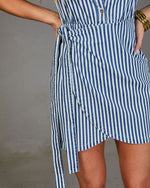 Prep School Blues Striped Wrap Tie Mini Shirt Dress