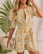 Golden Shore Nautical Print Waist Tie Romper
