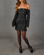 Curtain Call Tweed Off the Shoulder Sequin Mini Dress