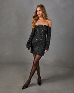 Curtain Call Tweed Off the Shoulder Sequin Mini Dress