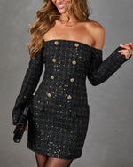Curtain Call Tweed Off the Shoulder Sequin Mini Dress