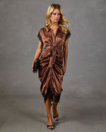 Netta Satin Lace Trim Waist Tie Midi Shirt Dress