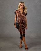 Netta Satin Lace Trim Waist Tie Midi Shirt Dress
