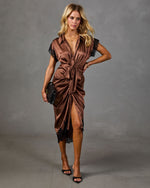 Netta Satin Lace Trim Waist Tie Midi Shirt Dress
