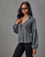 Apple Picking Denim Balloon Sleeve Blouse