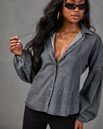Apple Picking Denim Balloon Sleeve Blouse