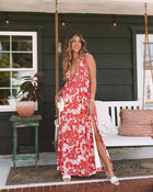 Red/Cream % Island Girl Floral Smocked Side Slit Maxi Dress-1