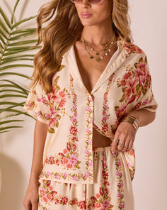 Hibiscus Haze Abstract Printed Button Up Top
