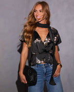 Alenna Neck Tie Printed Satin Blouse