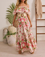 Morning Ease Belted Off The Shoulder Floral Maxi Dress