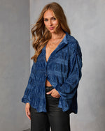 Teal/Blue %  Bette Textured Velvet Button Down Top-3