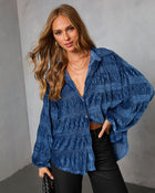 Teal/Blue %  Bette Textured Velvet Button Down Top-1