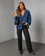 Teal/Blue %  Bette Textured Velvet Button Down Top-2