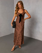 Sepia Kiss Satin Jacquard Bust Tie Maxi Dress