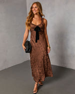 Sepia Kiss Satin Jacquard Bust Tie Maxi Dress