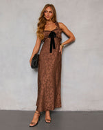 Sepia Kiss Satin Jacquard Bust Tie Maxi Dress