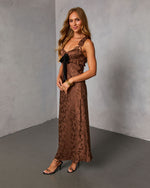 Sepia Kiss Satin Jacquard Bust Tie Maxi Dress