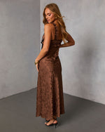 Sepia Kiss Satin Jacquard Bust Tie Maxi Dress