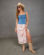 Slow Afternoon Smocked Bust Tie Denim Top