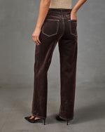 A person shown from the back wearing dark brown wide-leg velvet pants, paired with a beige top and black heels, against a gray studio background.