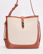 Tan/Ivory % Lorenne Leather Trim Canvas Bucket Bag-2