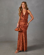 Gather Here Floral Velvet Mesh Cowl Maxi Dress
