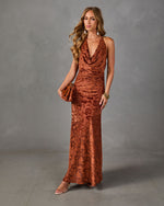 Gather Here Floral Velvet Mesh Cowl Maxi Dress