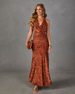 Gather Here Floral Velvet Mesh Cowl Maxi Dress