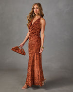 Gather Here Floral Velvet Mesh Cowl Maxi Dress