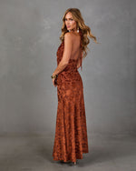 Gather Here Floral Velvet Mesh Cowl Maxi Dress