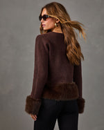 Woman in a brown knit cardigan with faux fur trim at hem and cuffs, styled with black jeans, sunglasses and gold hoop earrings