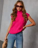 Hot Pink % Estellie Cable Knit Sleeveless Turtleneck Sweater-5