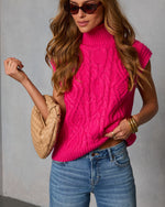 Hot Pink % Estellie Cable Knit Sleeveless Turtleneck Sweater-1