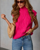 Hot Pink % Estellie Cable Knit Sleeveless Turtleneck Sweater-1